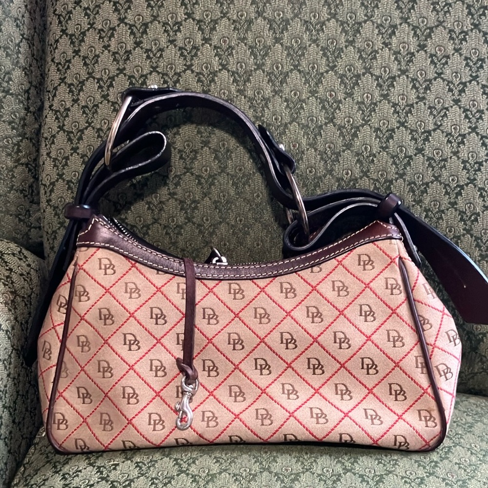 Dooney & Bourke Shoulder Vintage Bag Leather Canvas Taupe Brown Signature Duck